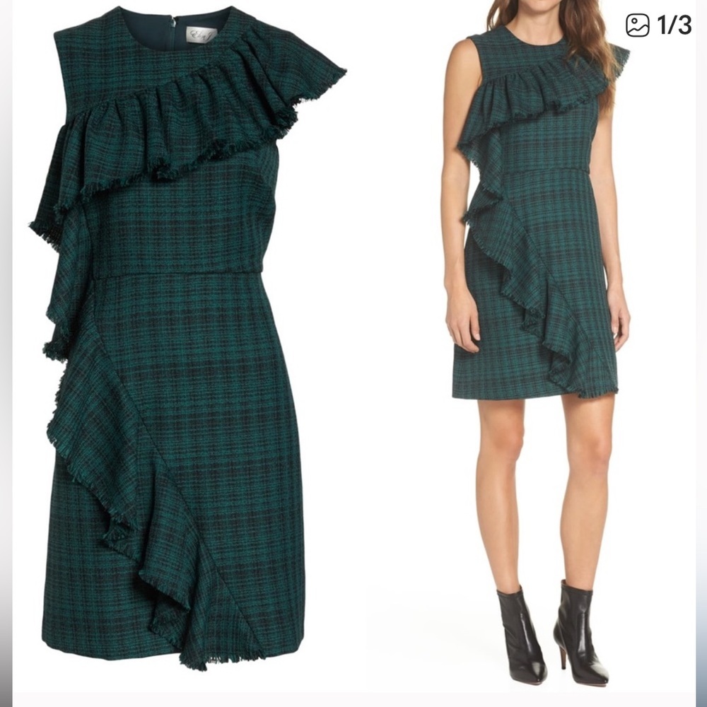 Chelsea28 Green and Black Tartan Plaid Asymmetrical Ruffle Dress Size 2P